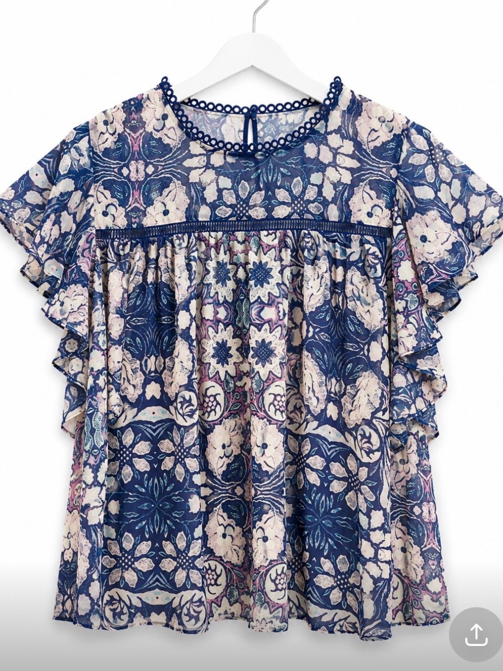foxiedox Navy Blue Floral Lace-Trim Ruffle Sleeve Blouse
